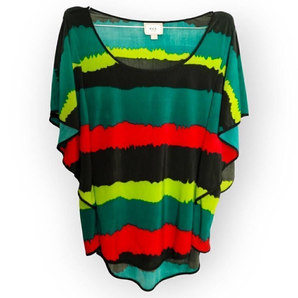 ECI Womens Top Sz Large Green Red Black Relaxed Jersey Short Sleeves Casual